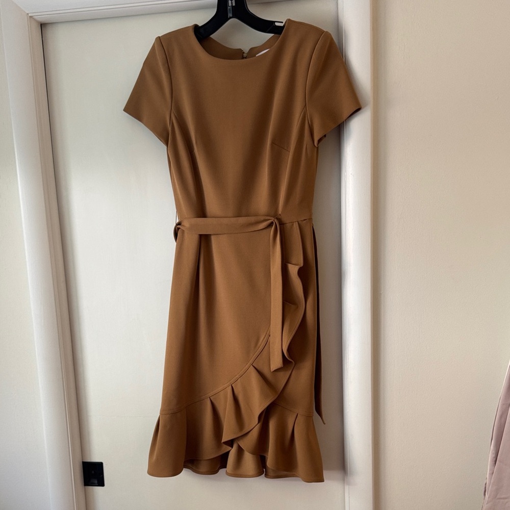 Calvin Klein Tan Dress with Ruffle Detail